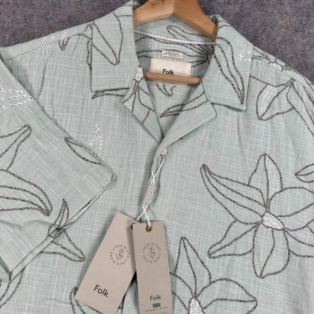 Folk Castmin Shirt Mens Large Green Floral Linen Short Sleeve Button Front
